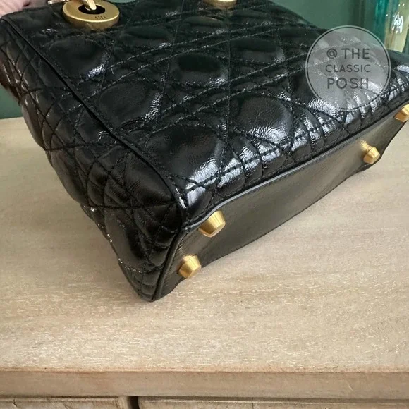 Lady Dior Cannage Small Crinkled Calfskin Black Gold Shoulder Crossbody Bag - Picture 8 of 15